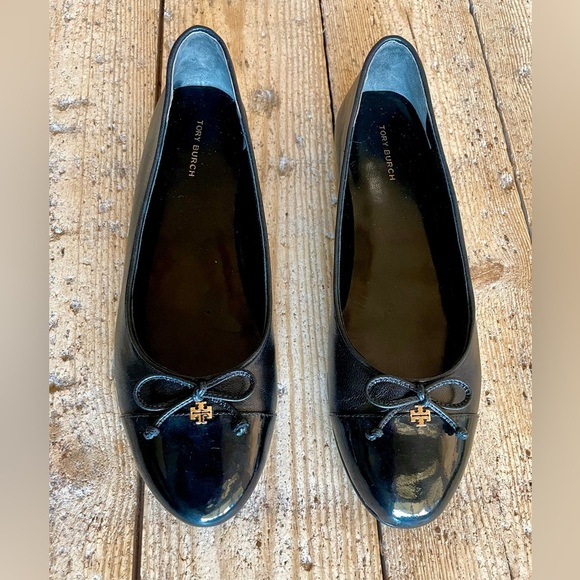 Tory Burch Black Leather Cap-Toe Ballet Flats 9M Quiet Luxury Classic - Picture 6 of 12